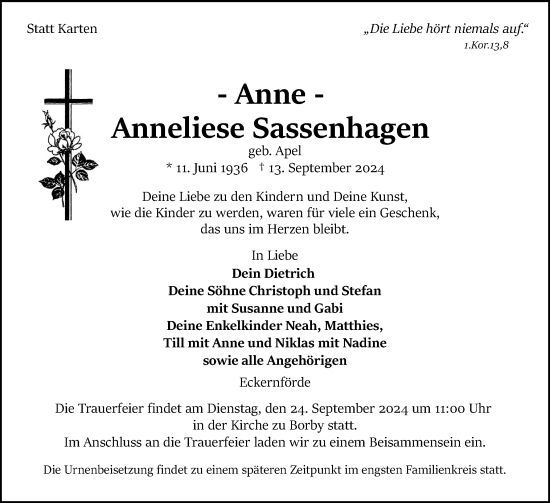 Traueranzeige von Anneliese Sassenhagen von Eckernförder Zeitung, Hallo Eckernförde