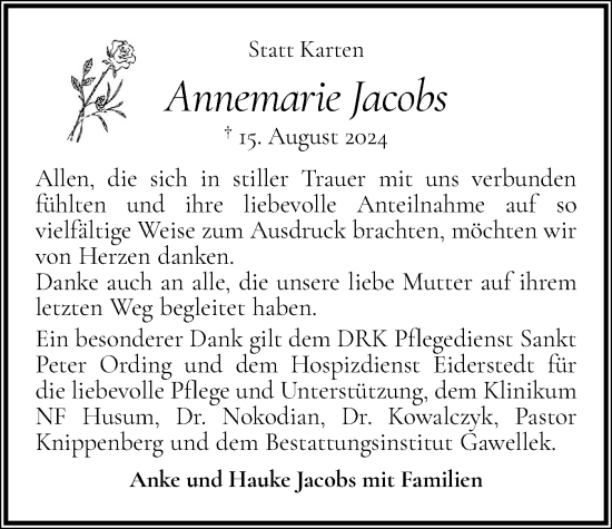 Traueranzeige von Annemarie Jacobs von Husumer Nachrichten, Nordfriesland Tageblatt