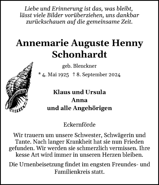 Traueranzeige von Annemarie Auguste Henny Schonhardt von Eckernförder Zeitung, Hallo Eckernförde