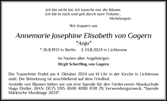 Traueranzeige von Annemarie Josephine Elisabeth von Gagern von Flensburger Tageblatt