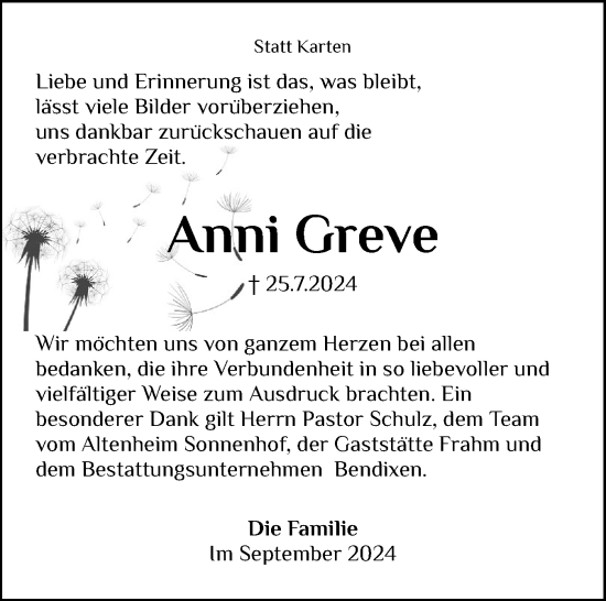 Traueranzeige von Anni Greve von Husumer Nachrichten, Nordfriesland Tageblatt