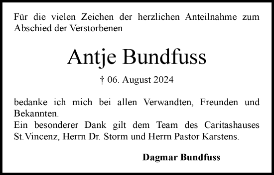 Traueranzeige von Antje Bundfuss von Schleswig-Holsteinische Landeszeitung