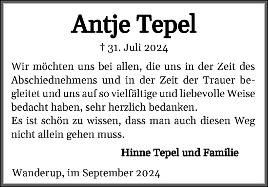 Traueranzeige von Antje Tepel von Flensburger Tageblatt