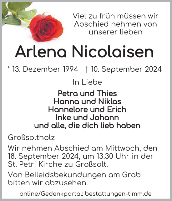 Traueranzeige von Arlena Nicolaisen von Flensburger Tageblatt