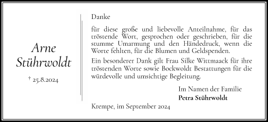 Traueranzeige von Arne Stührwoldt von Norddeutsche Rundschau, Wilstersche Zeitung, Glückstädter Fortuna