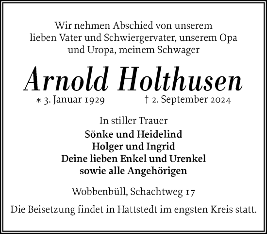 Traueranzeige von Arnold Holthusen von Husumer Nachrichten, Nordfriesland Tageblatt