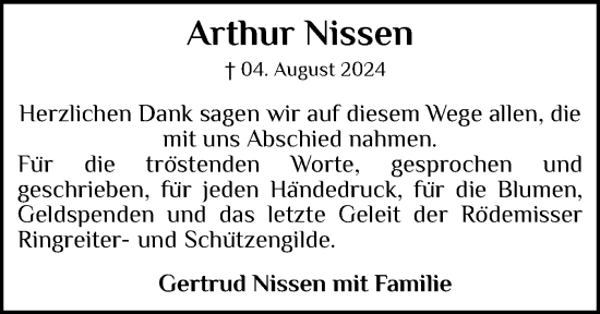 Traueranzeige von Arthur Nissen von Husumer Nachrichten, Nordfriesland Tageblatt