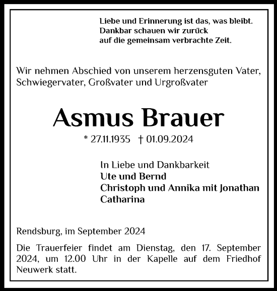 Traueranzeige von Asmus Brauer von Schleswig-Holsteinische Landeszeitung