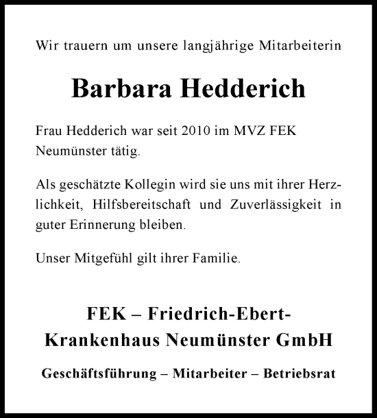 Traueranzeige von Barbara Hedderich von Holsteinischer Courier