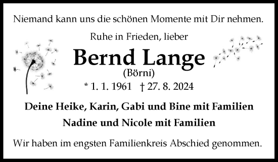 Traueranzeige von Bernd Lange von Norddeutsche Rundschau, Wilstersche Zeitung, Glückstädter Fortuna