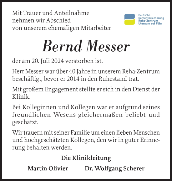 Traueranzeige von Bernd Messer von Der Insel-Bote