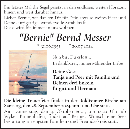 Traueranzeige von Bernd Messer von Der Insel-Bote