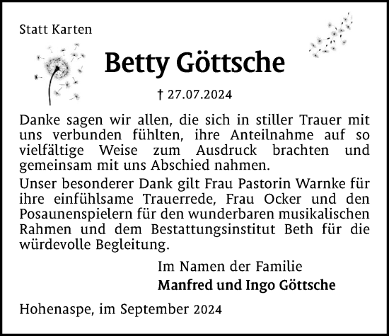 Traueranzeige von Betty Göttsche von Norddeutsche Rundschau, Wilstersche Zeitung, Glückstädter Fortuna