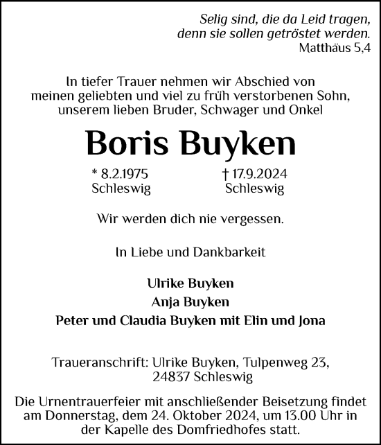 Traueranzeige von Boris Buyken von Schleswiger Nachrichten, Schlei-Bote