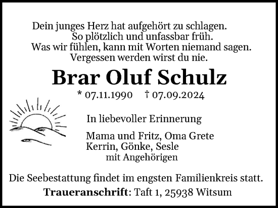 Traueranzeige von Brar Oluf Schulz von Der Insel-Bote