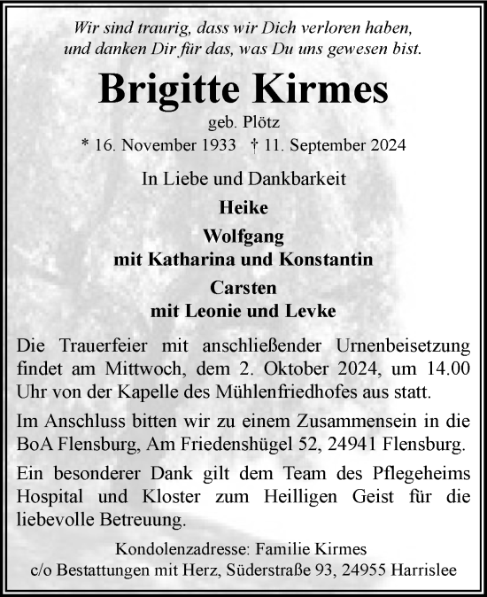 Traueranzeige von Brigitte Kirmes von Flensburger Tageblatt