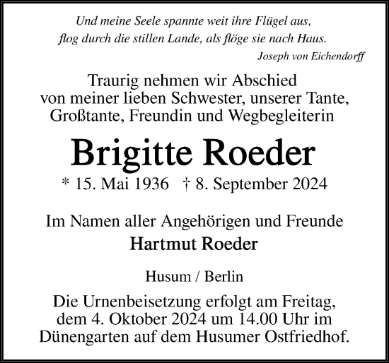 Traueranzeige von Brigitte Roeder von Husumer Nachrichten, Nordfriesland Tageblatt