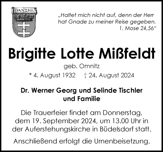 Traueranzeige von Brigitte Lotte Mißfeldt von Schleswig-Holsteinische Landeszeitung