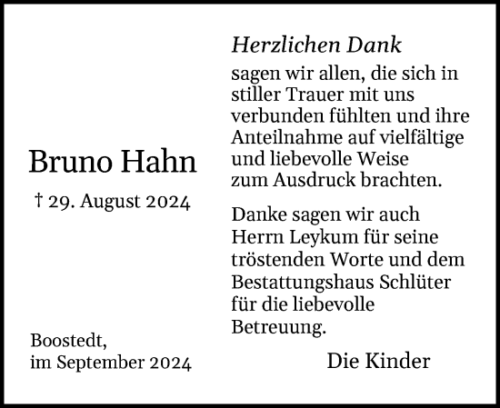 Traueranzeige von Bruno Hahn von Holsteinischer Courier