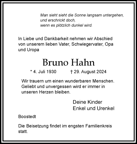 Traueranzeige von Bruno Hahn von Holsteinischer Courier