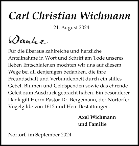 Traueranzeige von Carl Christian  Wichmann von Schleswig-Holsteinische Landeszeitung