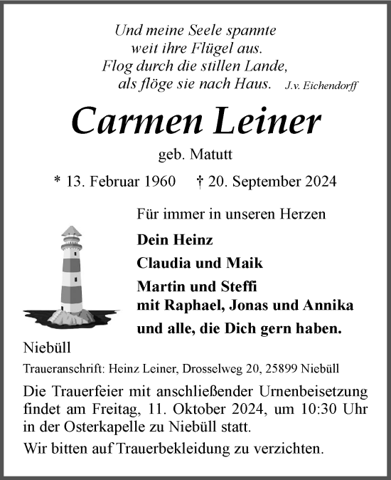 Traueranzeige von Carmen Leiner von Region Westküste