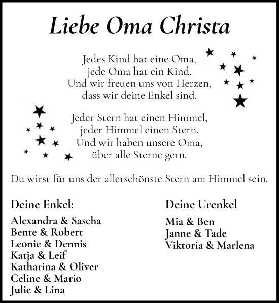 Traueranzeige von Christa  von Norddeutsche Rundschau, Wilstersche Zeitung, Glückstädter Fortuna