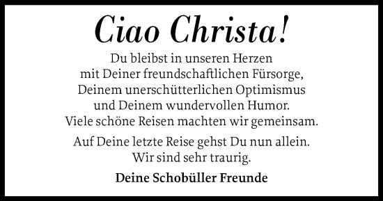 Traueranzeige von Christa  von Husumer Nachrichten, Nordfriesland Tageblatt