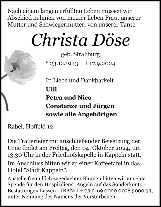 Traueranzeige von Christa Döse von Schleswiger Nachrichten, Schlei-Bote