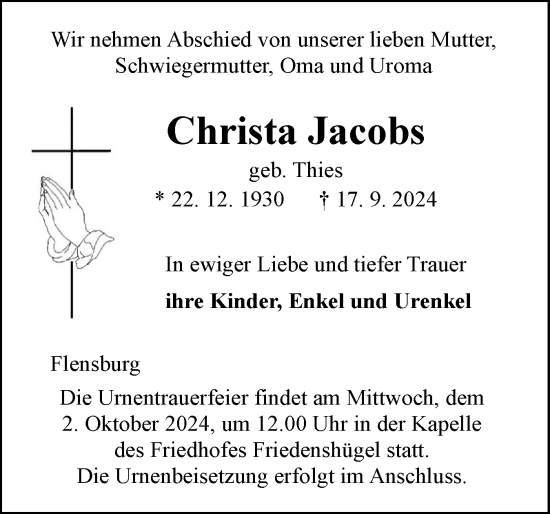 Traueranzeige von Christa Jacobs von Flensburger Tageblatt