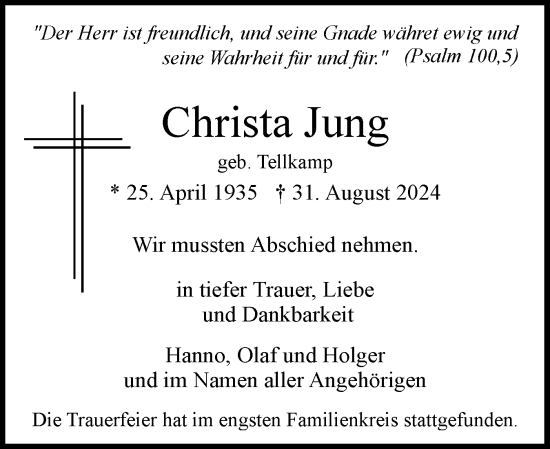 Traueranzeige von Christa Jung von Uetersener Nachrichten, Der tip am Wochenende