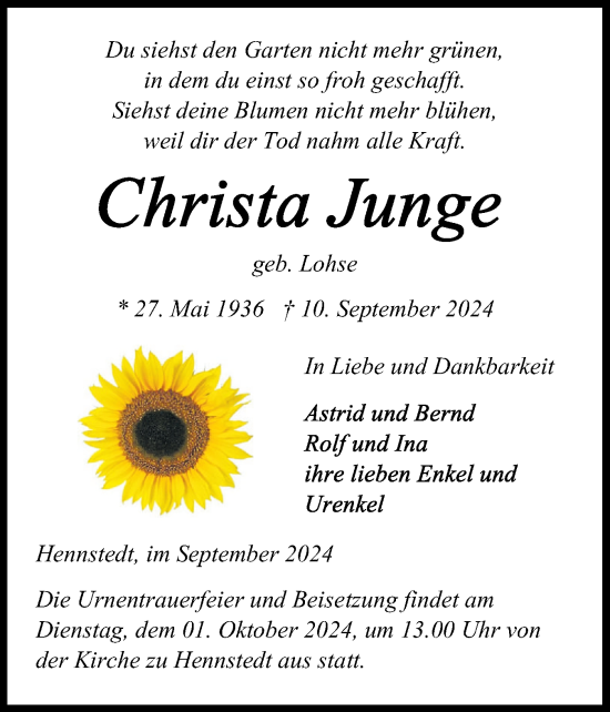 Traueranzeige von Christa Junge von Norddeutsche Rundschau, Wilstersche Zeitung, Glückstädter Fortuna