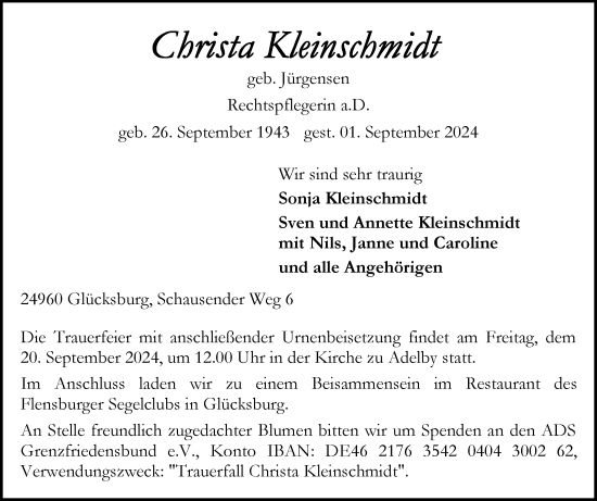 Traueranzeige von Christa Kleinschmidt von Flensburger Tageblatt