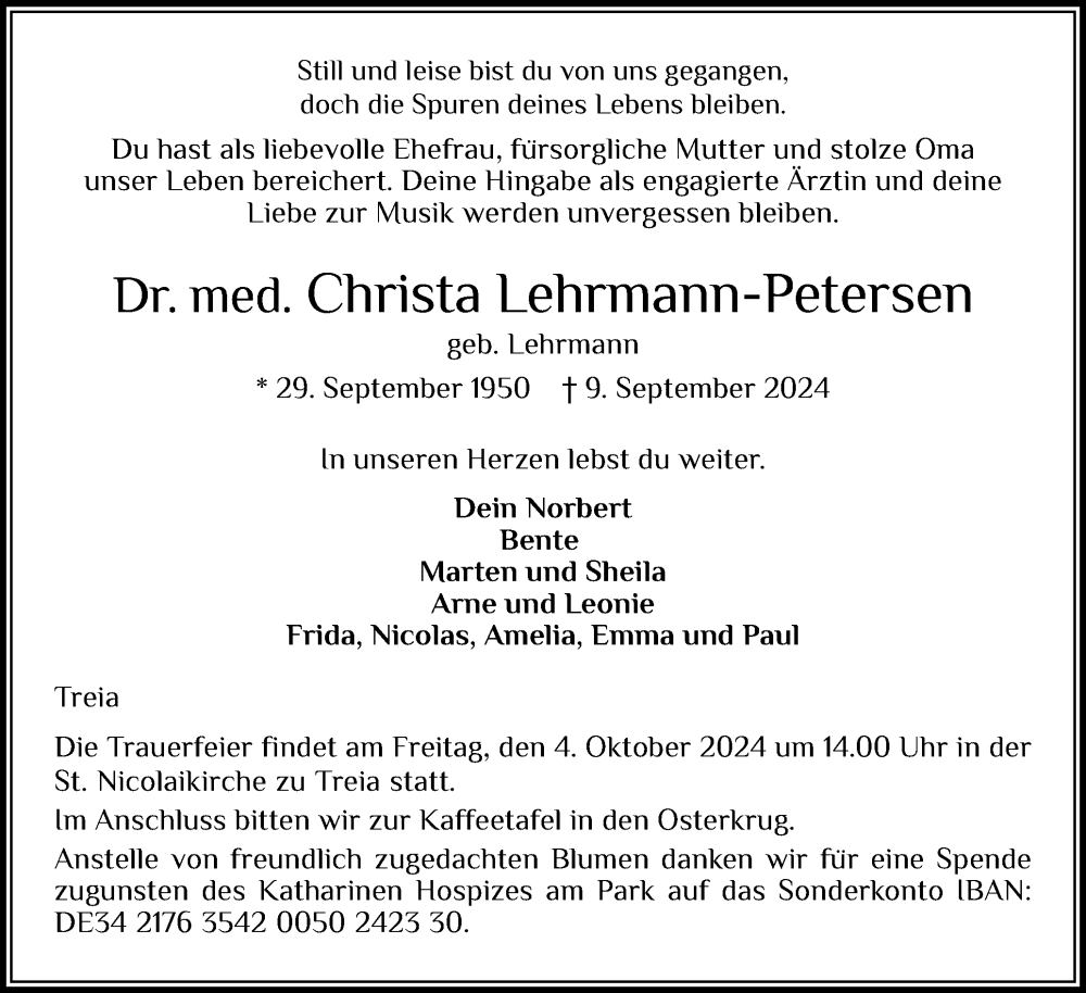  Traueranzeige für Christa Lehrmann-Petersen vom 16.09.2024 aus Husumer Nachrichten, Nordfriesland Tageblatt