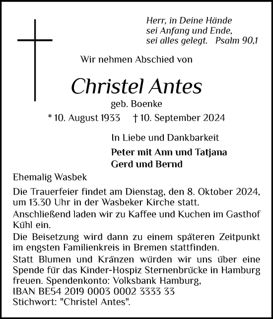 Traueranzeige von Christel Antes von Holsteinischer Courier