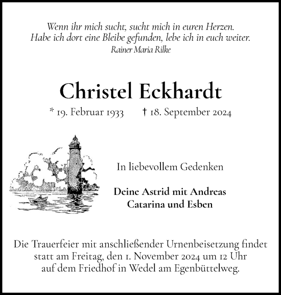 Traueranzeige von Christel Eckhardt von Wedel-Schulauer Tageblatt, tip Wedel-Schulauer Tageblatt, tip Rissener Rundschau