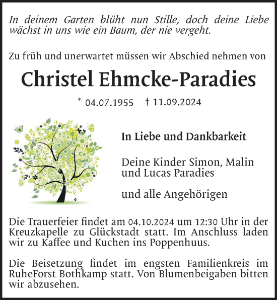 Traueranzeige von Christel Ehmcke-Paradies von Norddeutsche Rundschau, Wilstersche Zeitung, Glückstädter Fortuna