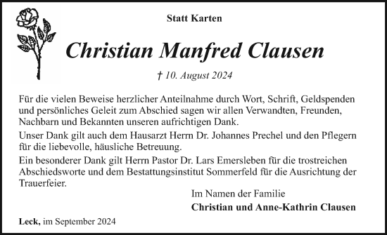 Traueranzeige von Christian Manfred Clausen von Husumer Nachrichten, Nordfriesland Tageblatt