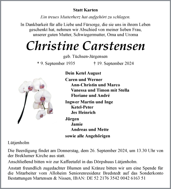 Traueranzeige von Christine Carstensen von Husumer Nachrichten, Nordfriesland Tageblatt