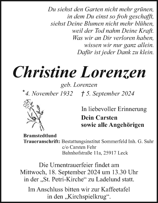 Traueranzeige von Christine Lorenzen von Husumer Nachrichten, Nordfriesland Tageblatt