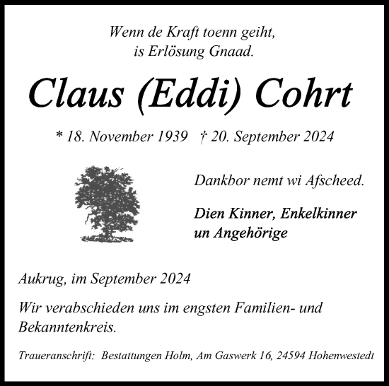 Traueranzeige von Claus Cohrt von Schleswig-Holsteinische Landeszeitung