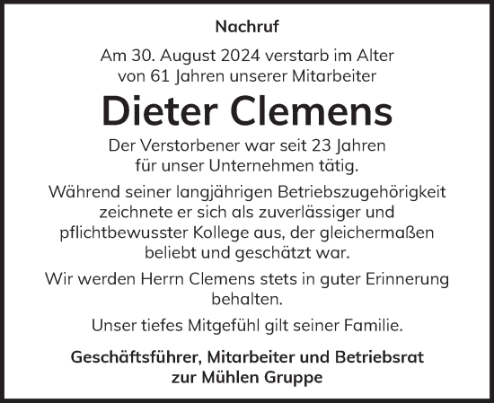 Traueranzeige von Dieter Clemens von Flensburger Tageblatt