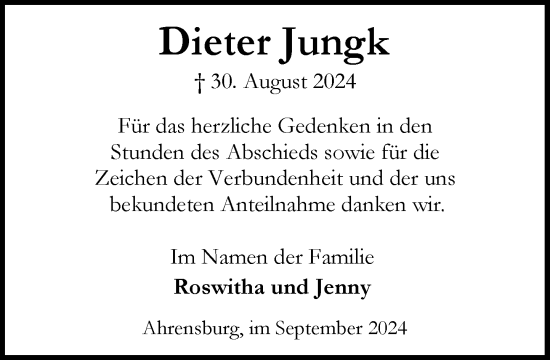 Traueranzeige von Dieter Jungk von Stormaner Tageblatt