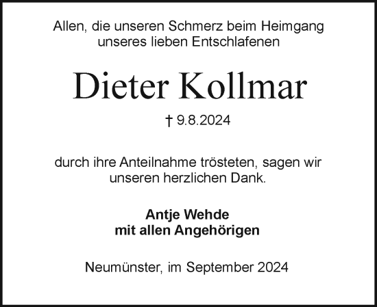 Traueranzeige von Dieter Kollmar von Holsteinischer Courier