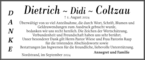 Traueranzeige von Dietrich Coltzau von Husumer Nachrichten, Nordfriesland Tageblatt