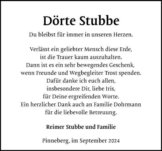 Traueranzeige von Dörte Stubbe von Region Pinneberg und tip Pinneberg