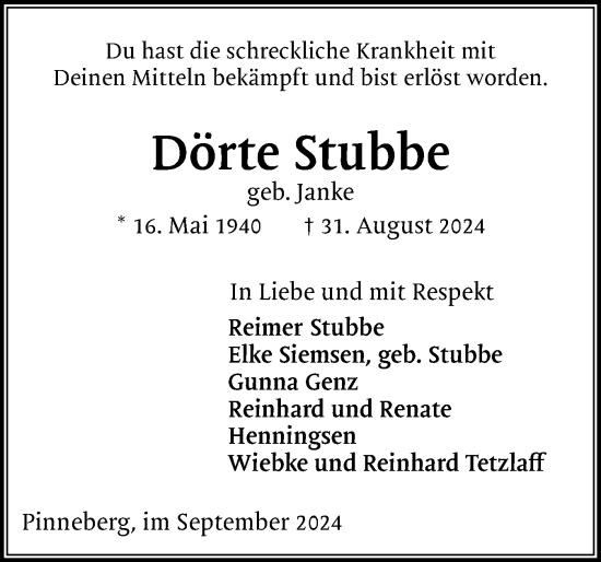 Traueranzeige von Dörte Stubbe von Region Pinneberg und tip Pinneberg