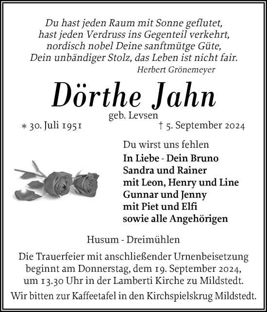 Traueranzeige von Dörthe Jahn von Husumer Nachrichten, Nordfriesland Tageblatt