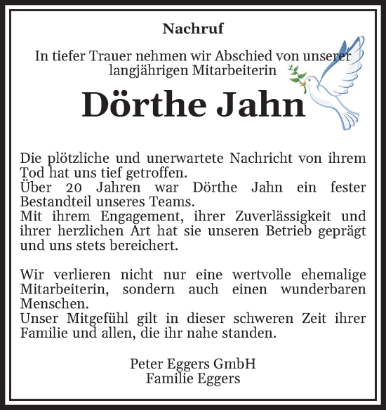 Traueranzeige von Dörthe Jahn von Husumer Nachrichten, Nordfriesland Tageblatt