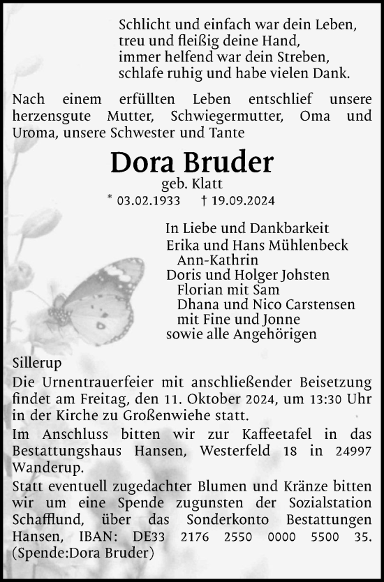 Traueranzeige von Dora Bruder von Region Flensburg